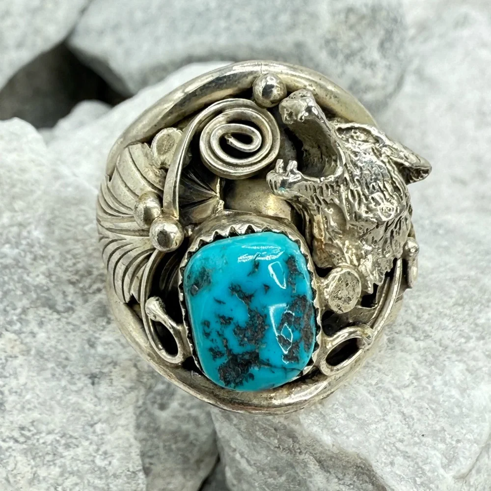 Navajo Sterling Silver Howling Wolf Turquoise Ring —Genevieve Francisco